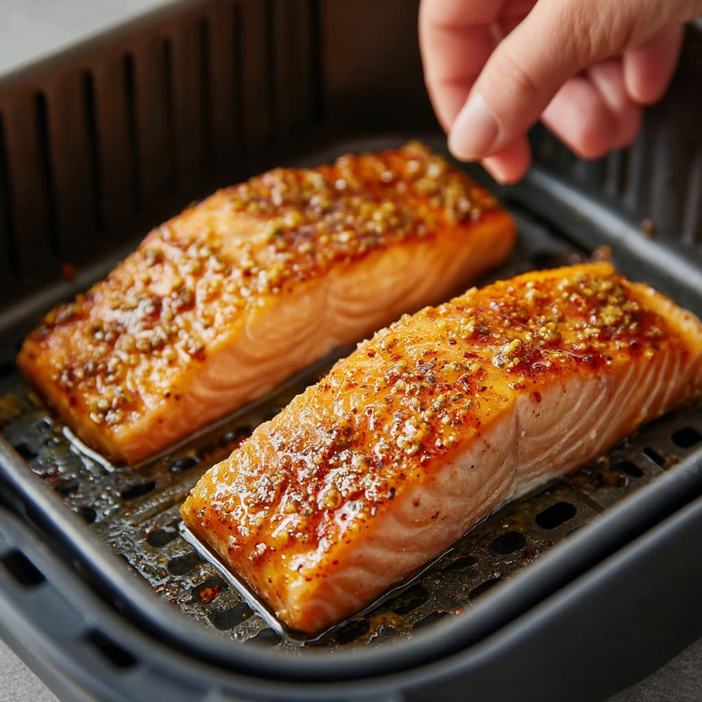 Placing honey mustard glazed salmon into the air fryer basket for cooking.