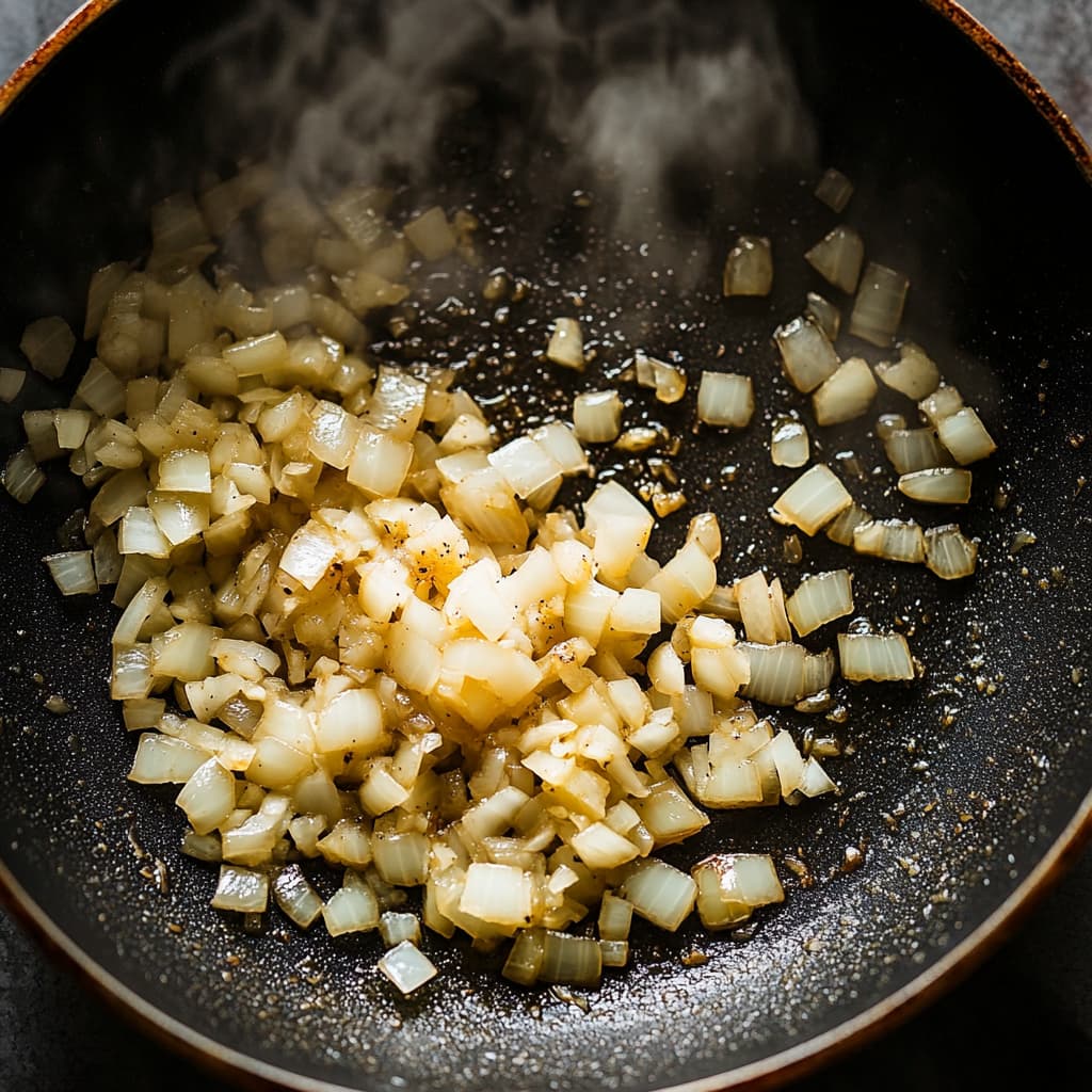 Diced onions and garlic cooking in olive oil in a skillet.