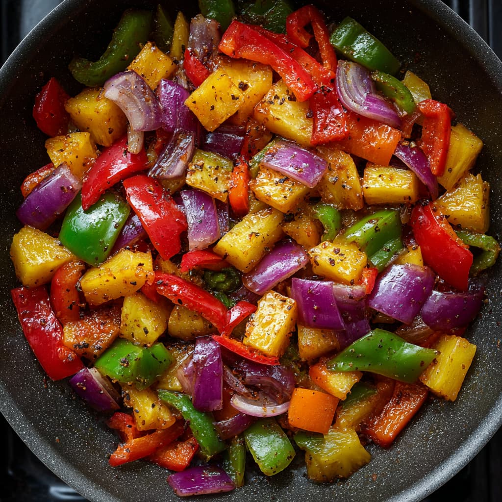 Bell peppers, onions, and pineapple sautéing in a skillet for stir-fry.