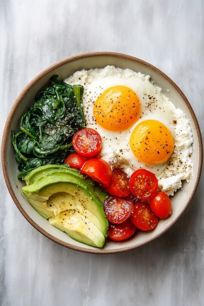 Savory cottage cheese egg bowl with eggs, spinach, avocado, and tomatoes – high-protein breakfast