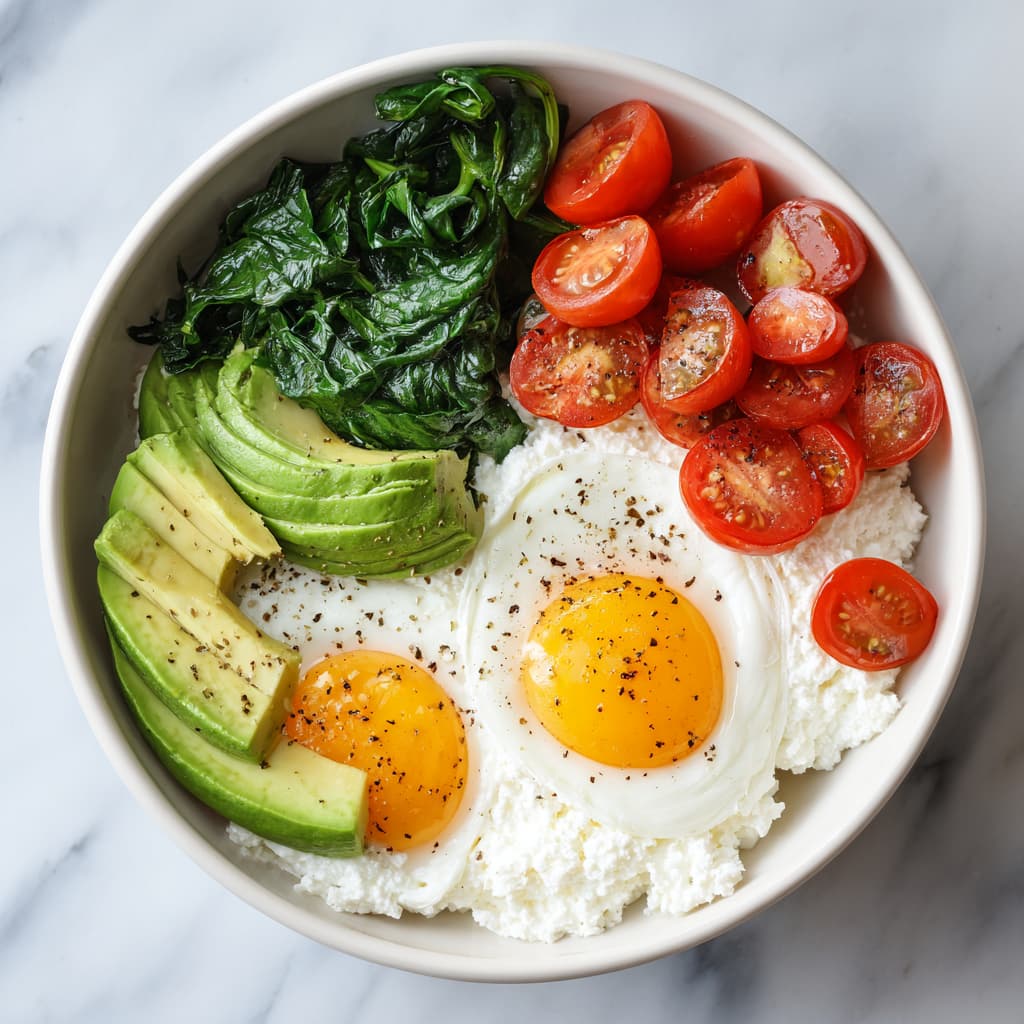 Finished savory cottage cheese egg bowl seasoned with black pepper and red pepper flakes