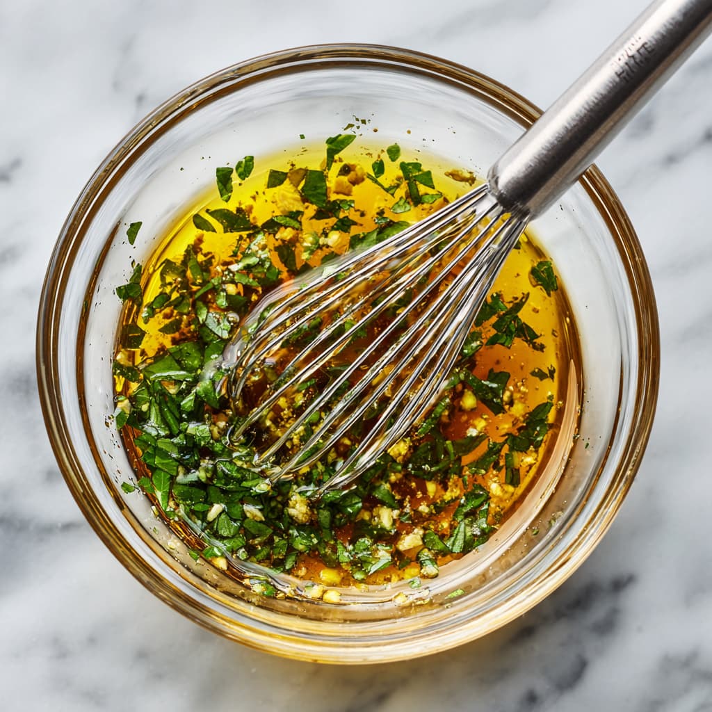 Homemade Italian dressing being shaken in a small glass bowl