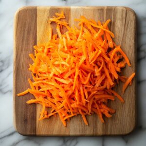 Freshly shredded carrots on a cutting board with a box grater.