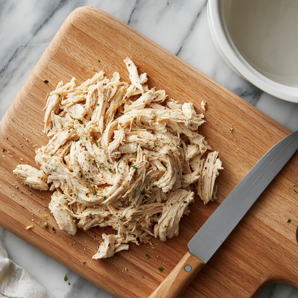 Shredded cooked chicken breast on a cutting board next to a mixing bowl, prepped for avocado chicken salad recipe.