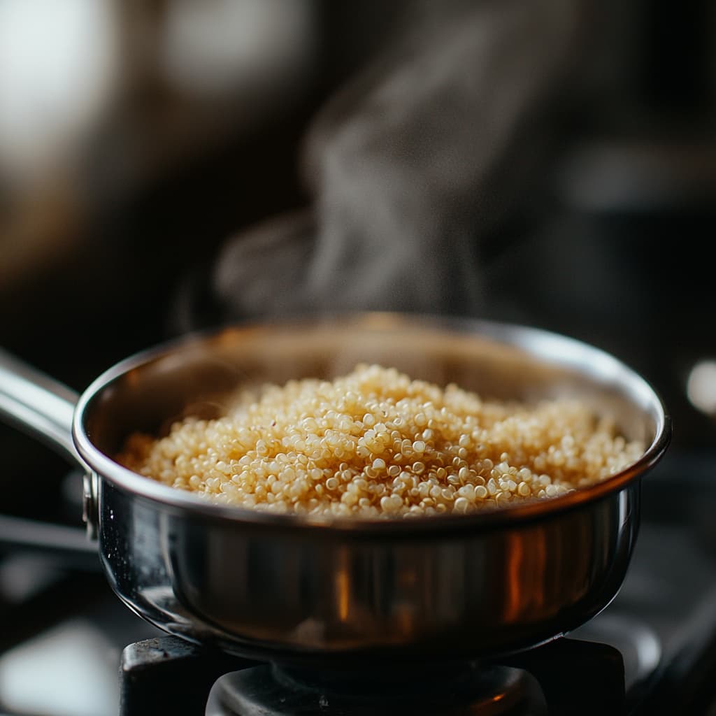 Quinoa simmering in a pot on stovetop for healthy grain base