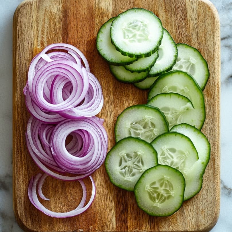 sliced cucumber and red onion on a wooden cutting board