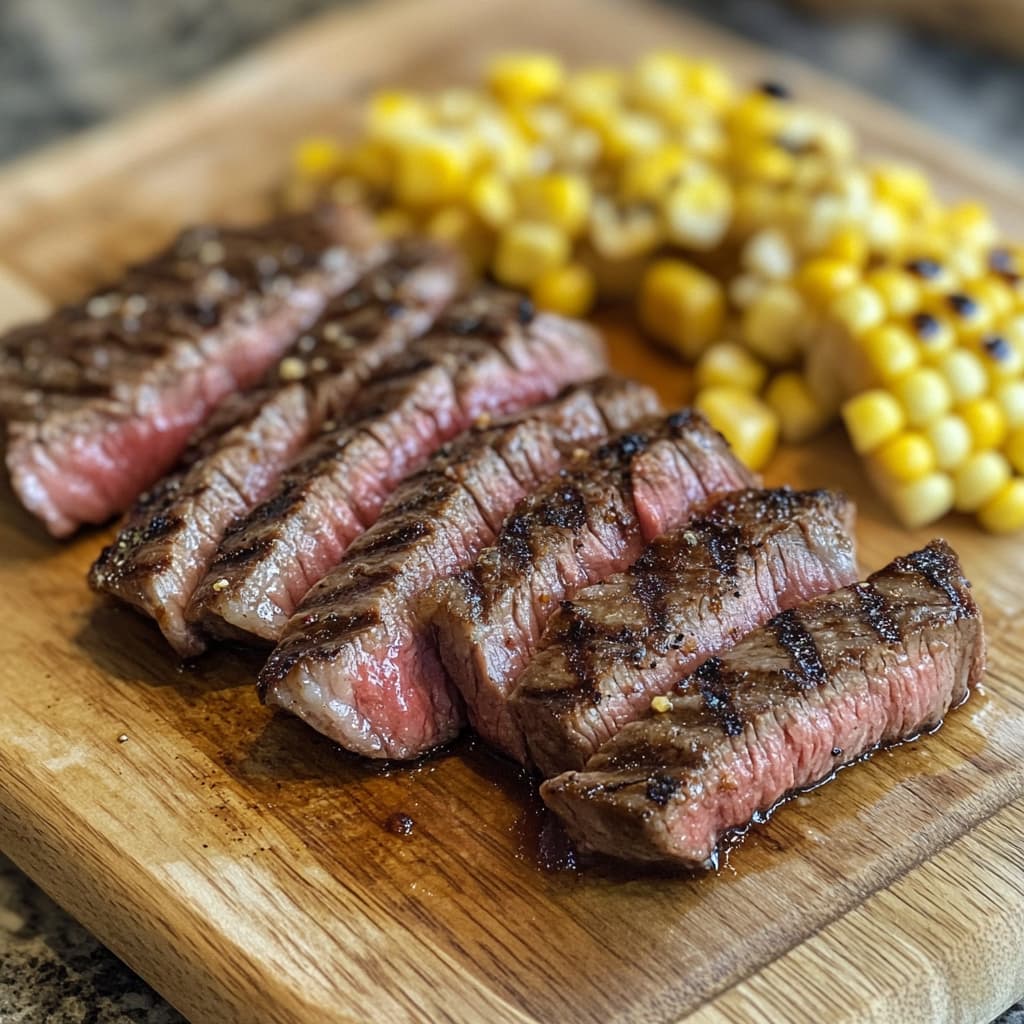 Sliced grilled sirloin steak and corn kernels on a wooden cutting board.