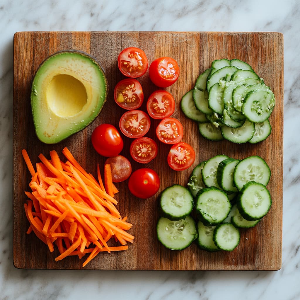 Fresh vegetables and avocado sliced for quinoa bowl
