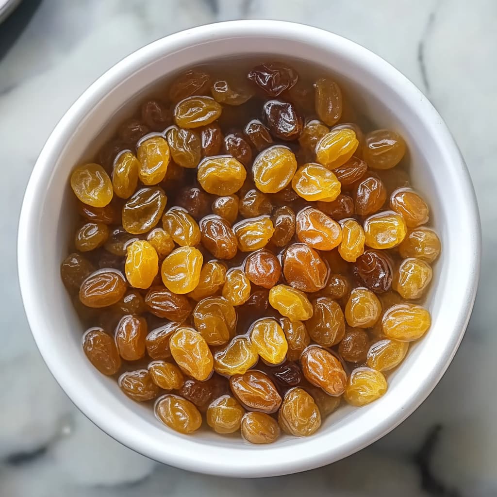 Golden raisins soaking in hot water in a small white bowl.