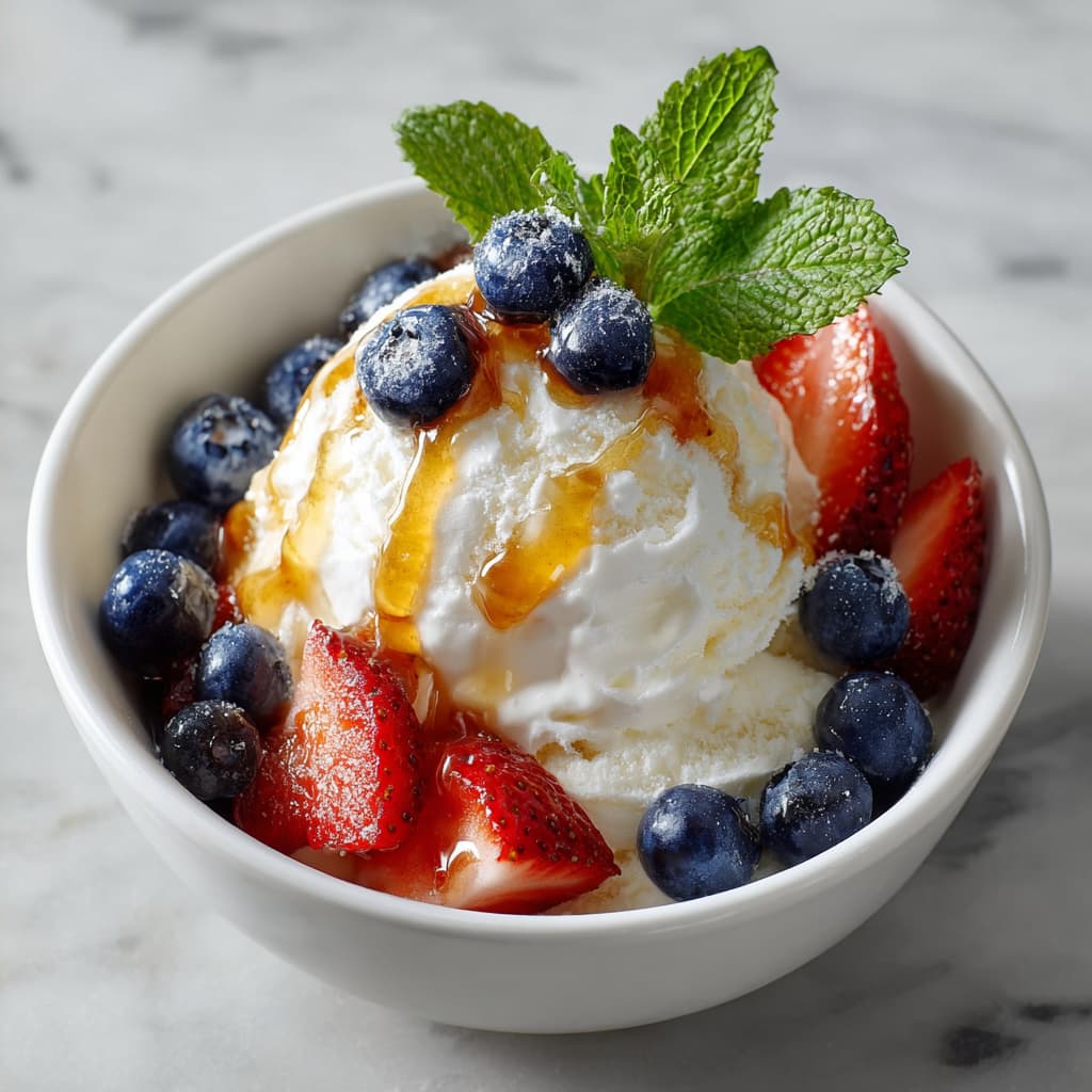 Bowl of soft-serve style healthy frozen yogurt topped with berries and honey.