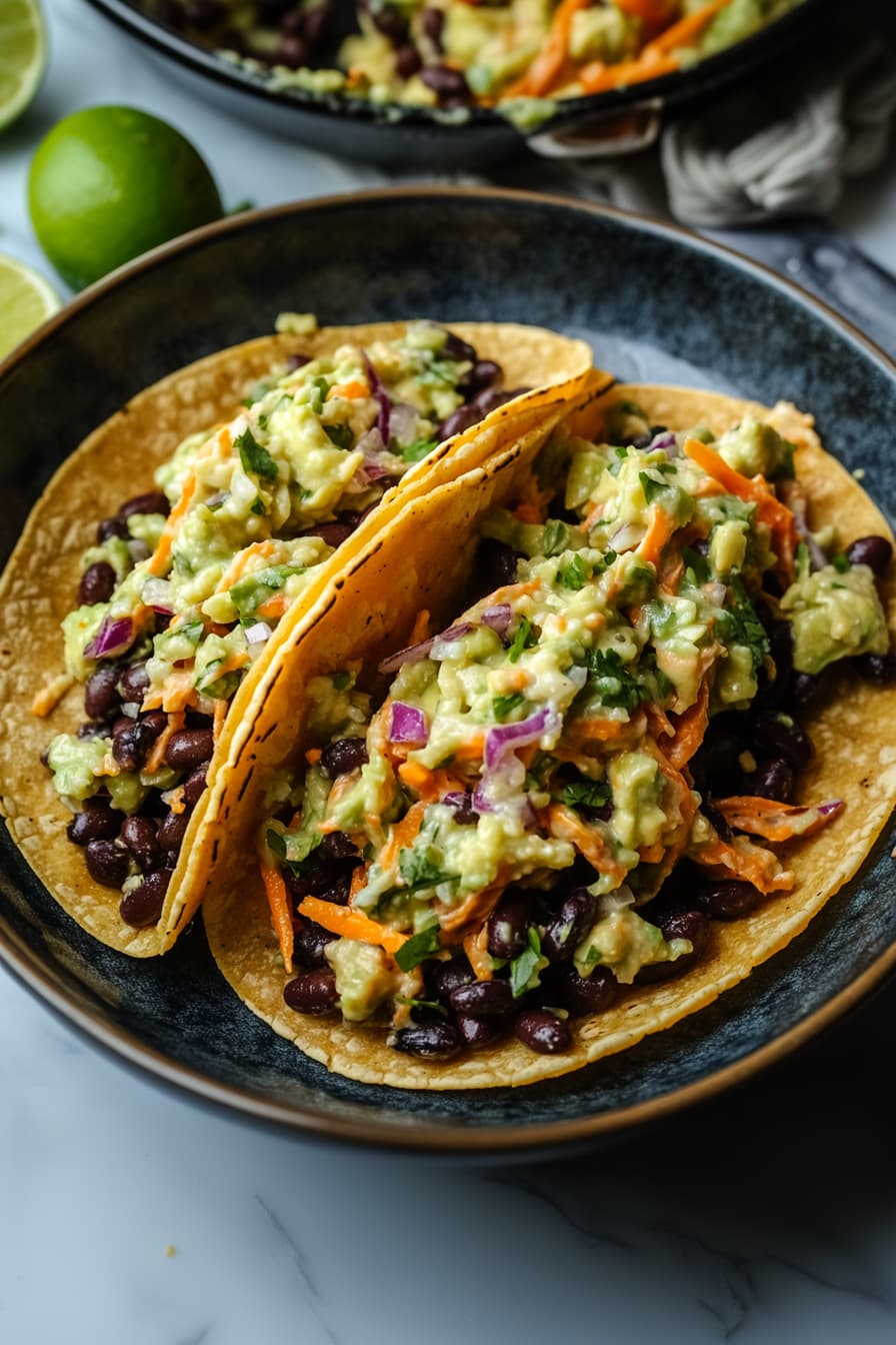 Spicy black bean tacos with avocado slaw, served in corn tortillas and topped with cilantro and lime wedges.