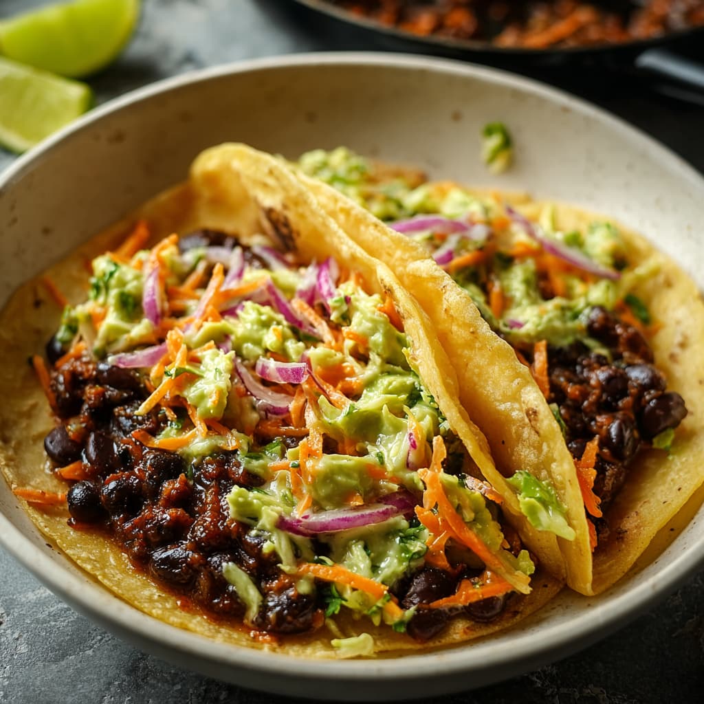 spicy black bean tacos topped with creamy avocado slaw in corn tortillas