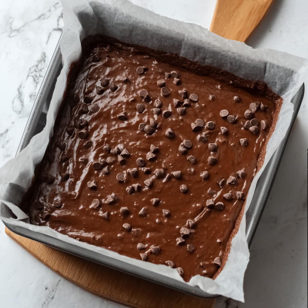 Spreading banana brownie batter into a lined baking pan with chocolate chips on top