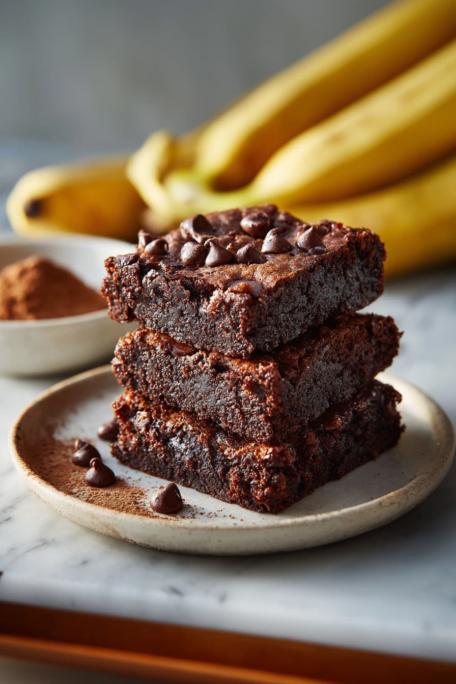Stack of fudgy healthy banana brownies with chocolate chips