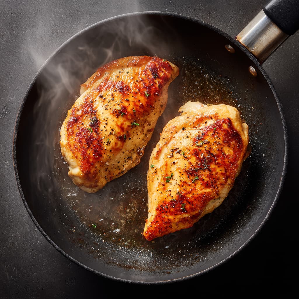 Chicken breasts searing in a pan until golden brown for Healthy Chicken Alfredo.