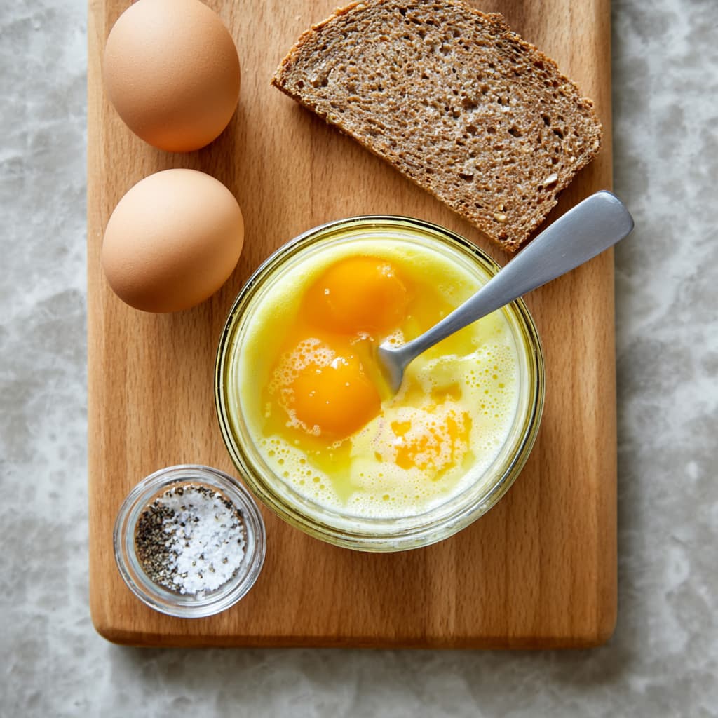 Ingredients for high protein scrambled eggs with avocado toast laid out on a cutting board.
