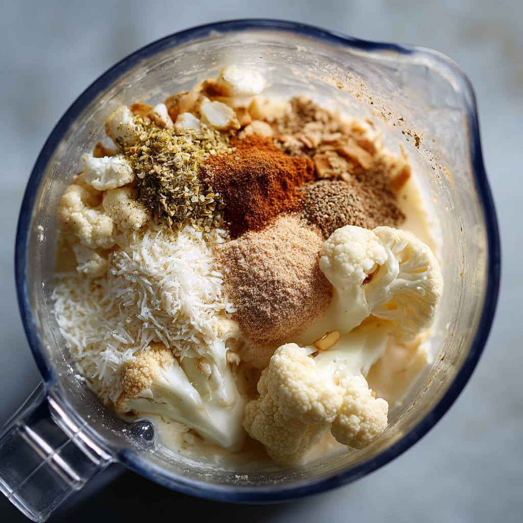 Blender filled with cauliflower, almond milk, and cheese for healthy Alfredo sauce.
