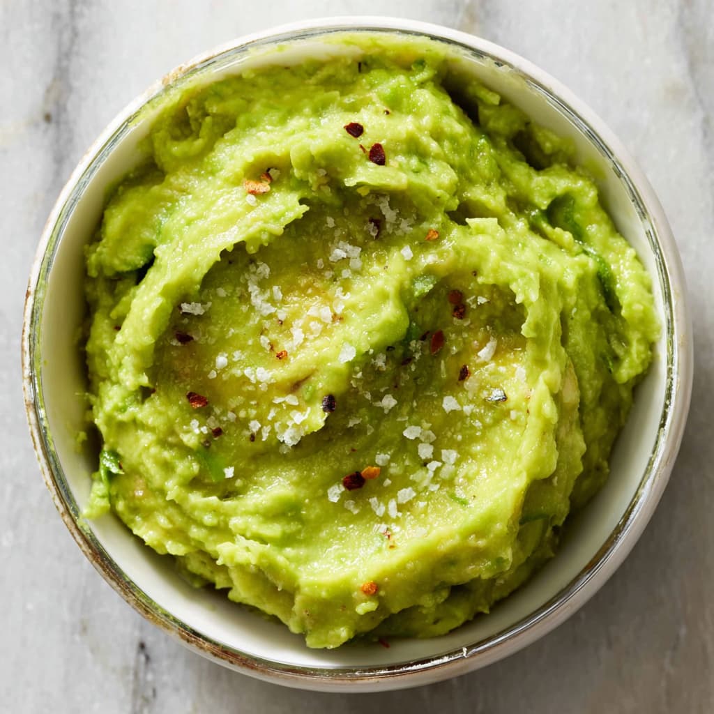 Mashed avocado in a white bowl with red pepper flakes and sea salt.