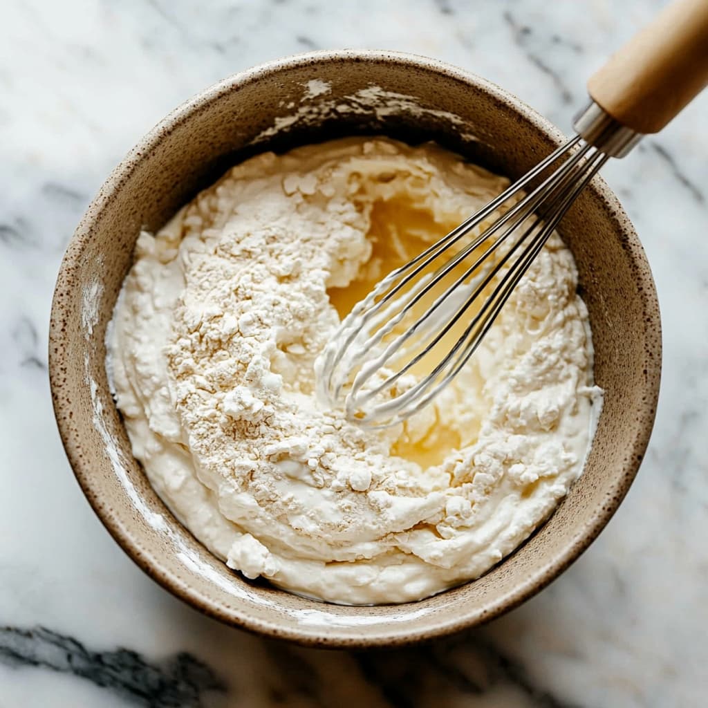 Mixing cottage cheese, eggs, and oat flour for flatbread batter
