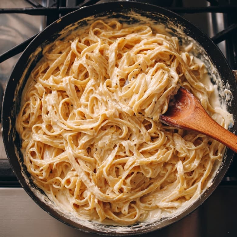 A skillet filled with creamy cauliflower Alfredo sauce and cooked pasta being tossed together with tongs. Sliced grilled chicken rests on top, ready to be mixed in.