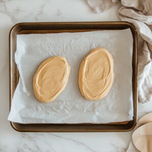 Forming flatbread shapes on a baking tray before baking