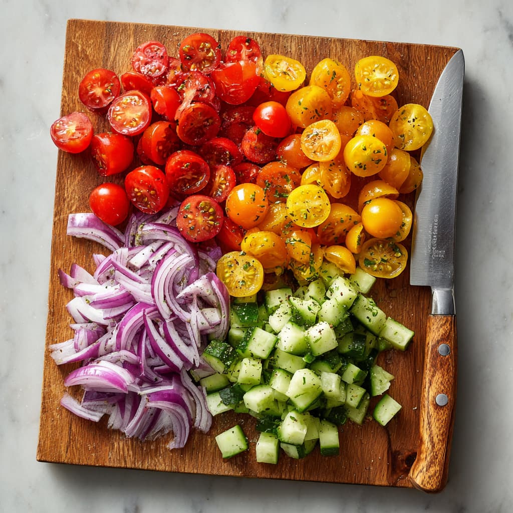 Chopped cherry tomatoes, cucumber, and sliced red onion on a wooden cutting board, prepped for salad.