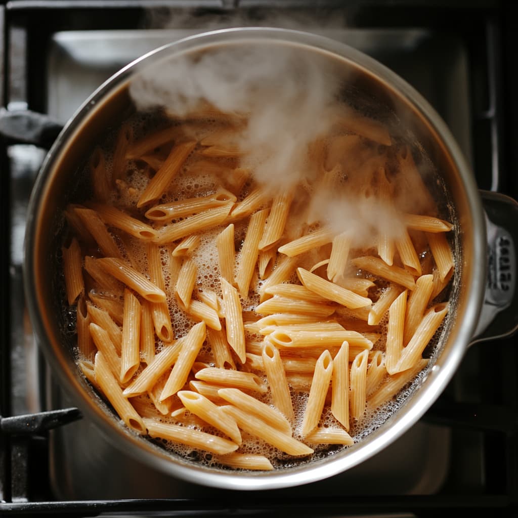 Whole wheat pasta cooking in a pot of boiling water.