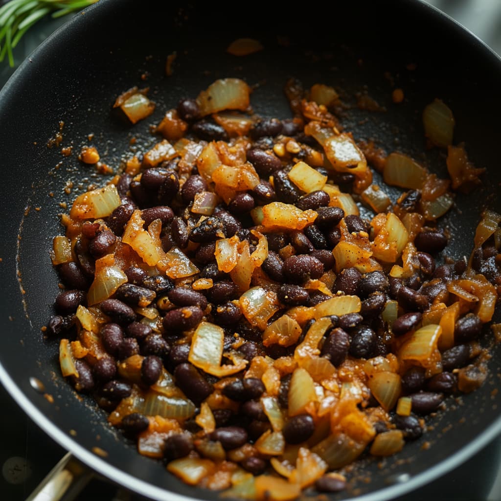 Black bean filling cooking in a skillet with onions, garlic, tomato paste, and spices.