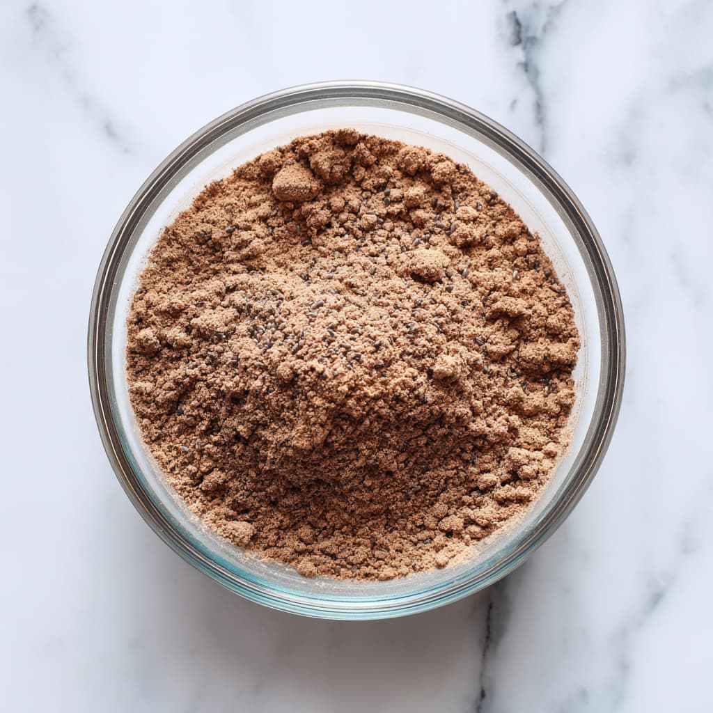 Blended dry mix of chia seeds, cocoa powder, and chocolate protein powder on marble surface.