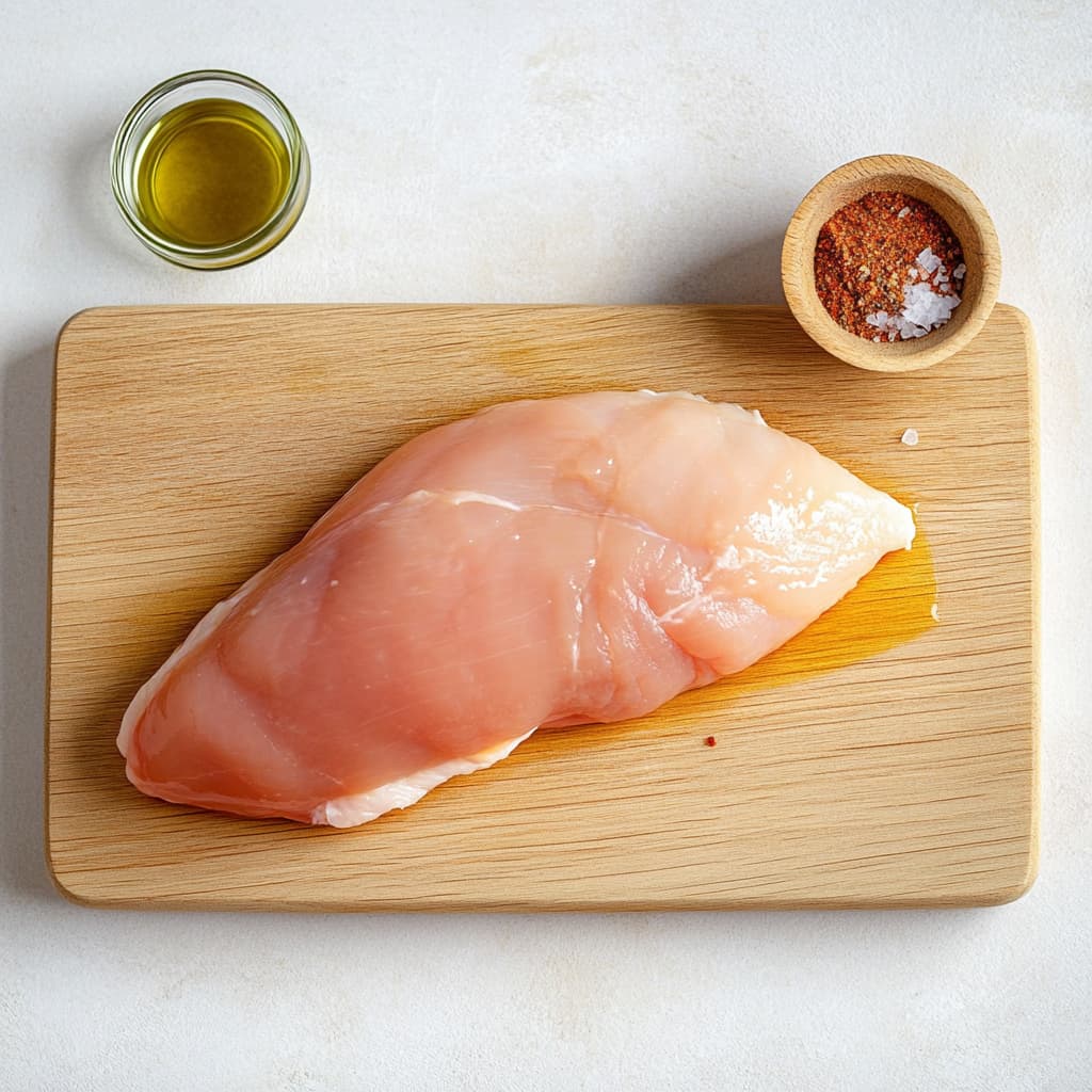 Seasoned raw chicken breast on a cutting board with olive oil and spices.