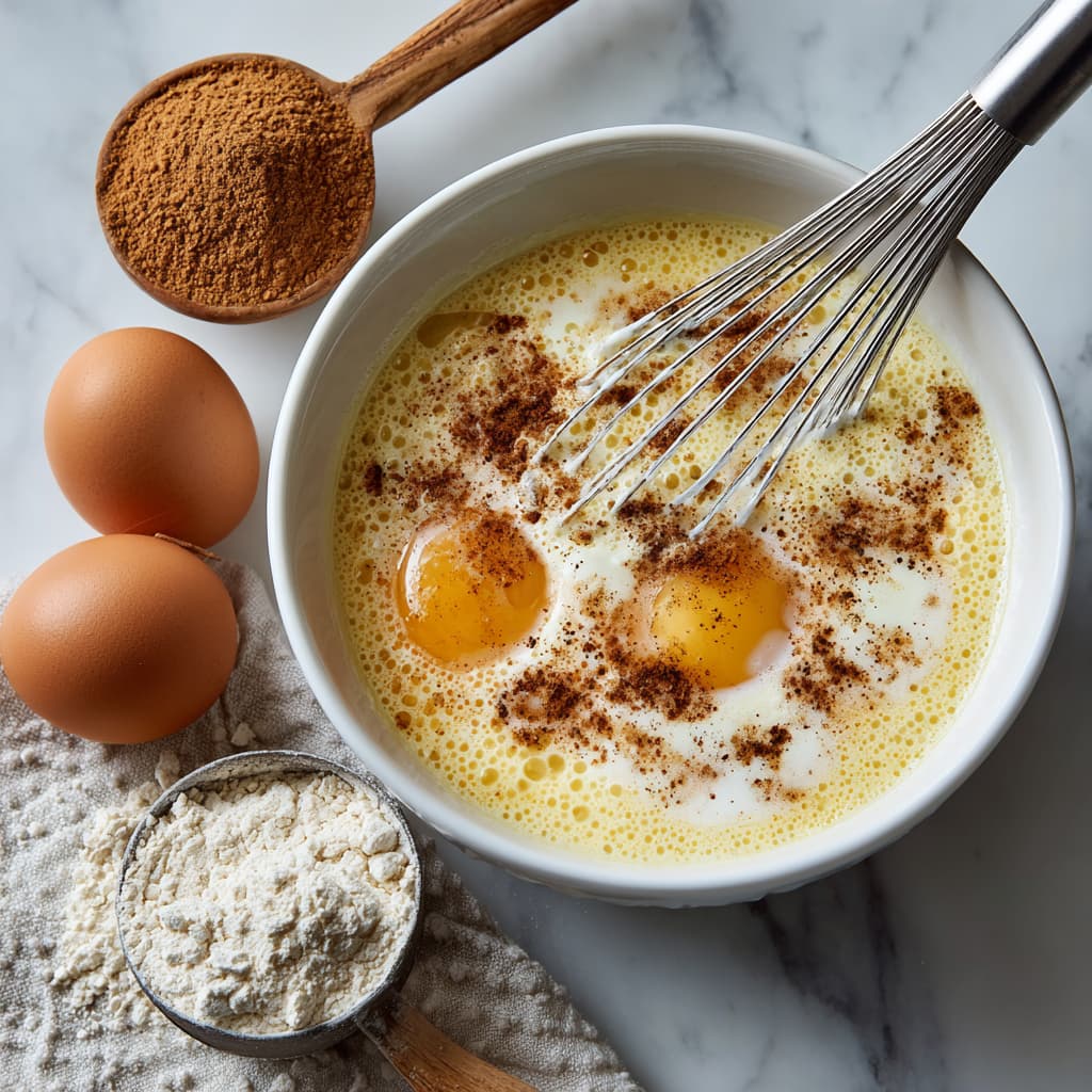 Whisking egg whites, whole eggs, cottage cheese, and cinnamon to make high protein French toast batter.