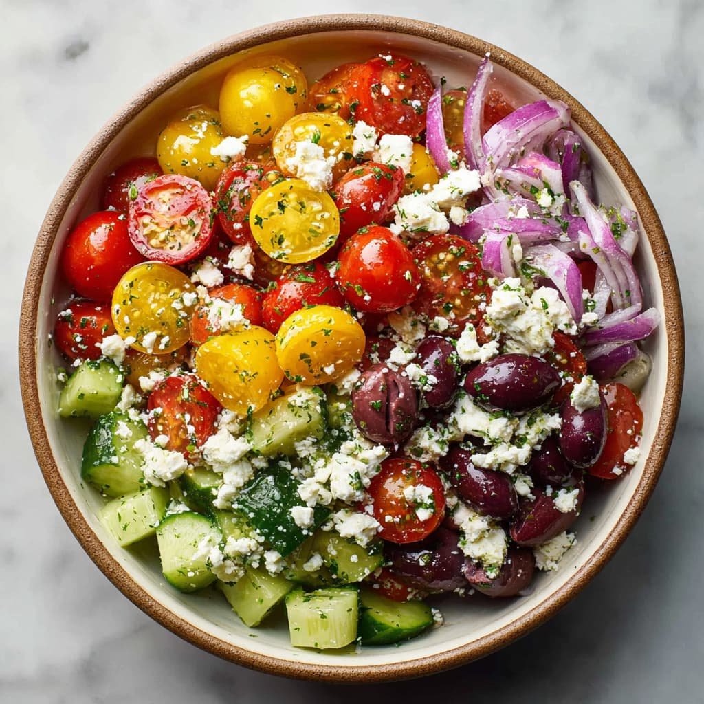 Crumbled feta cheese and sliced olives added to a bowl of fresh vegetables for Mediterranean salad.