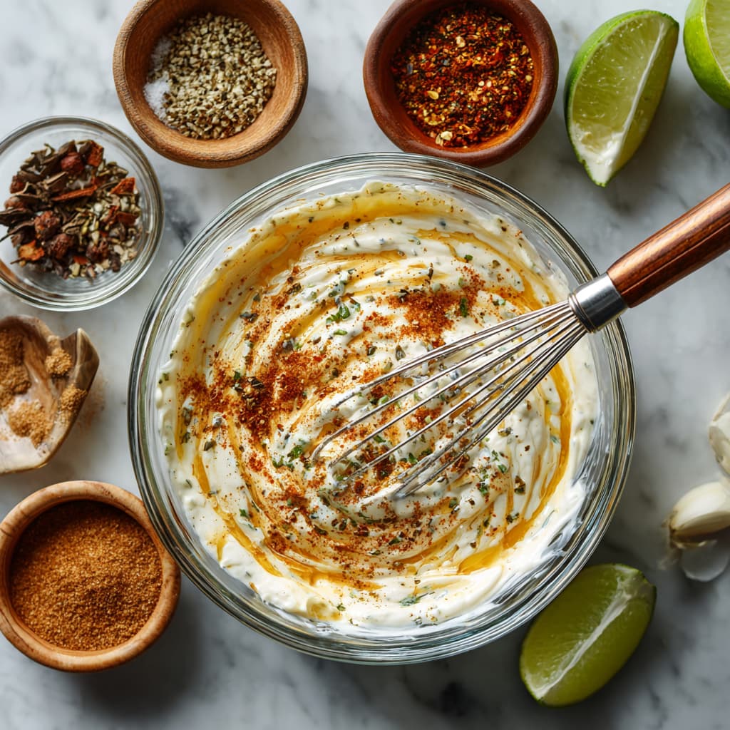 Whisking Greek yogurt chipotle dressing with lime and spices for the salad.