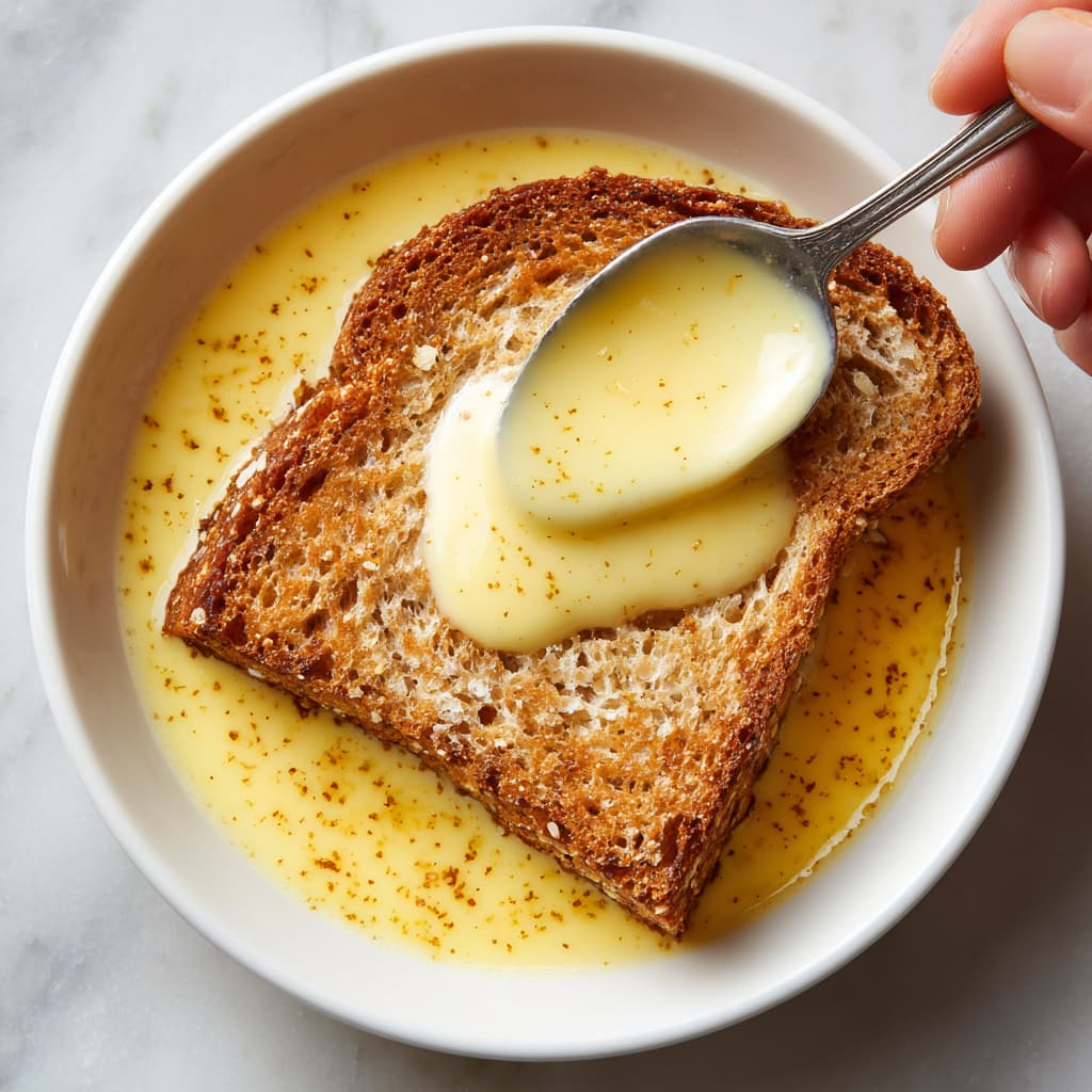 Dipping whole grain bread into high protein French toast custard mixture.