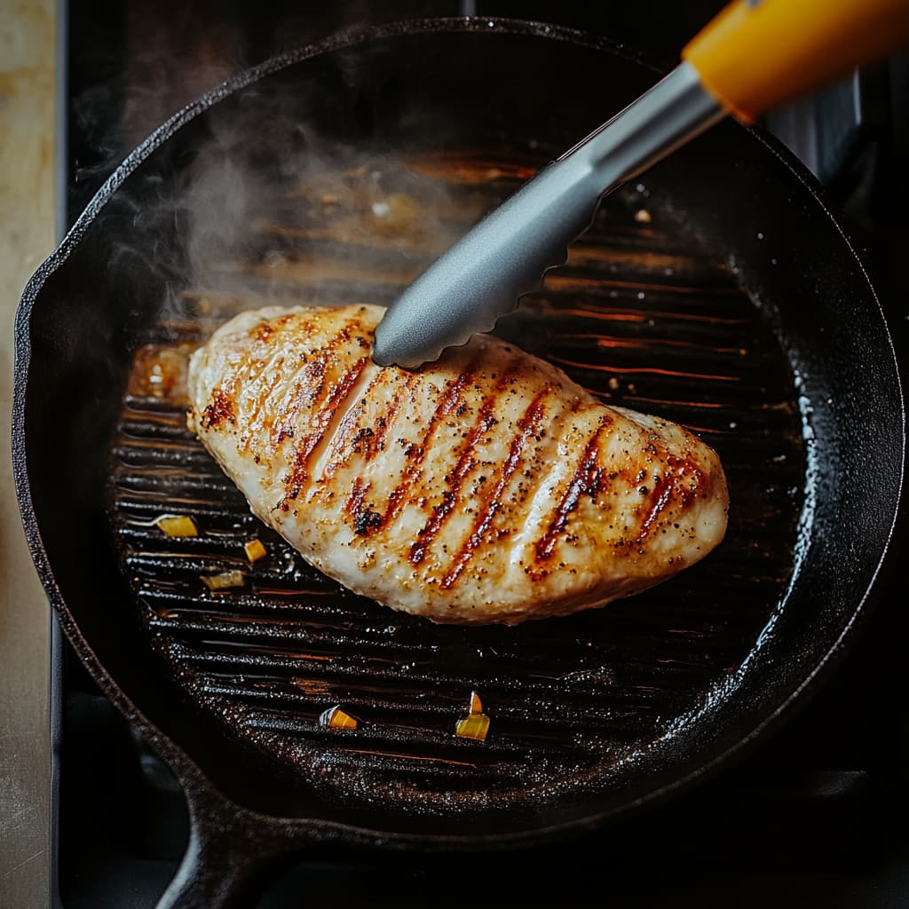 Chicken breast grilling on a hot pan with visible sear marks.