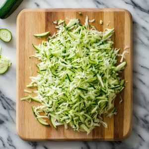 Shredded zucchini on a cutting board