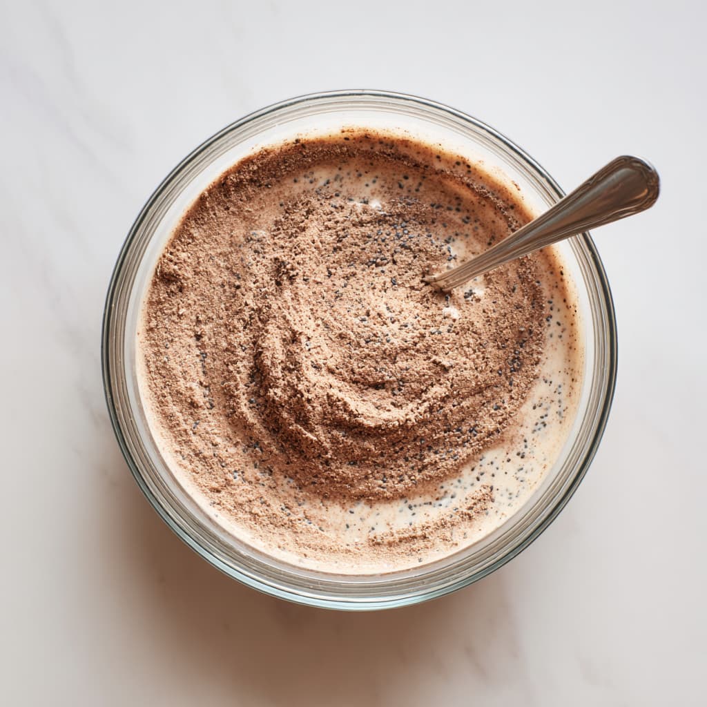 Chocolate chia pudding mixture with dry and wet ingredients fully stirred together.