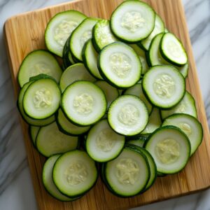 Evenly sliced zucchini rounds on a cutting board