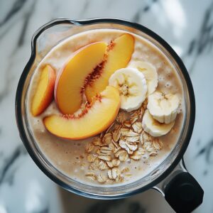 Top view of a blender filled with almond milk, Greek yogurt, protein powder, peaches, banana, and oats layered before blending.
