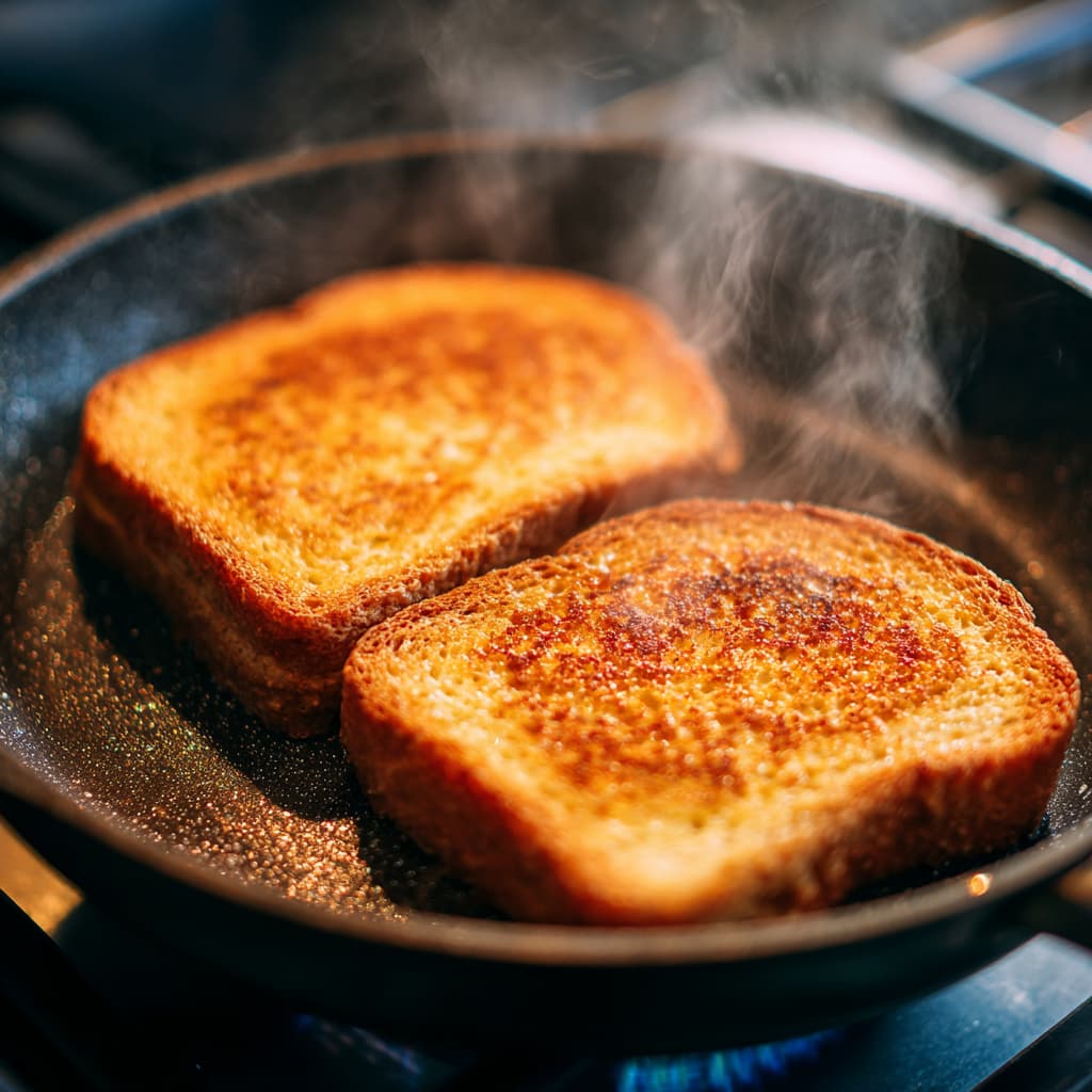 Cooking high protein French toast slices in a nonstick pan until golden brown.