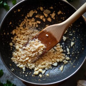 Garlic and flour cooking in olive oil in a skillet for roux.