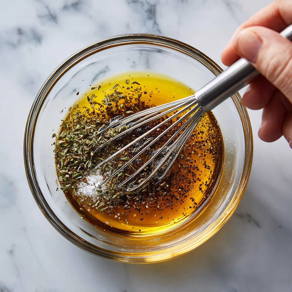 Small bowl with olive oil, vinegar, a pinch of oregano, and seasoning being whisked into a light Mediterranean dressing.