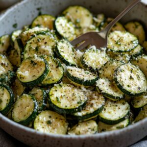 Zucchini rounds in bowl tossed with olive oil, grated parmesan, and herbs
