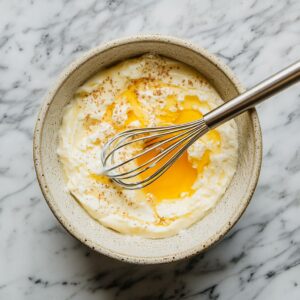 Whisking eggs, maple syrup, Greek yogurt, and olive oil in a mixing bowl