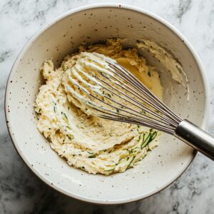 Folding grated zucchini into a bowl of mixed batter with a wooden spoon.