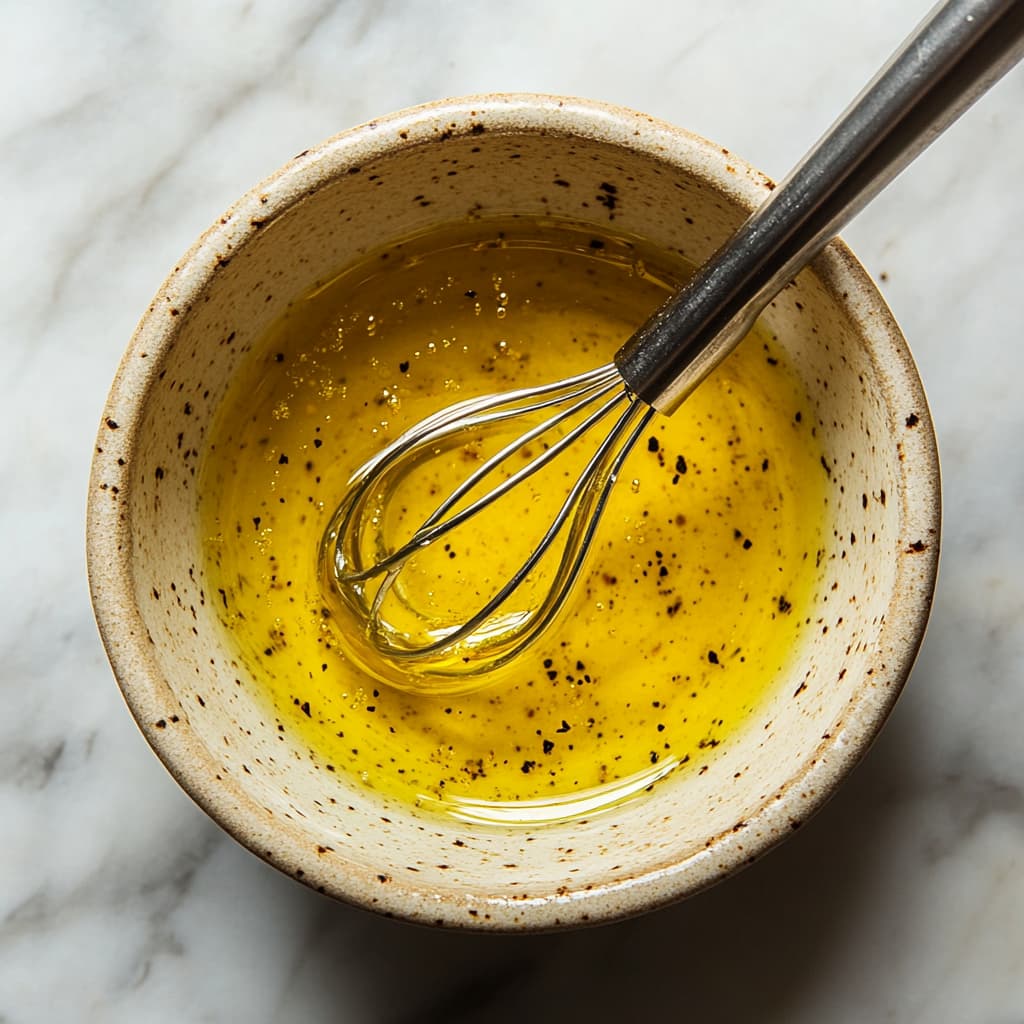 Lemon vinaigrette dressing being whisked in a small bowl.