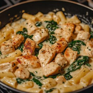 Chicken and whole wheat pasta tossed in creamy sauce with spinach.