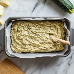Zucchini bread batter being poured into a parchment-lined loaf pan