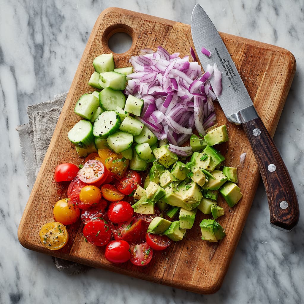 Fresh vegetables sliced and prepped for a summer salad recipe.