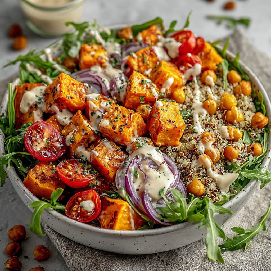 Sweet potato quinoa chickpea salad with tahini dressing
